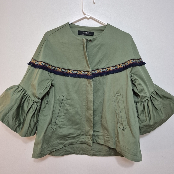 Zara Basic Bohemian Tribal Olive Embroidered Fringe Bell Sleeve Jacket – Size S - Picture 3 of 8
